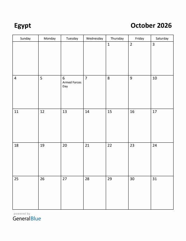 October 2026 Calendar with Egypt Holidays