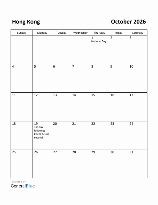 October 2026 Calendar with Hong Kong Holidays