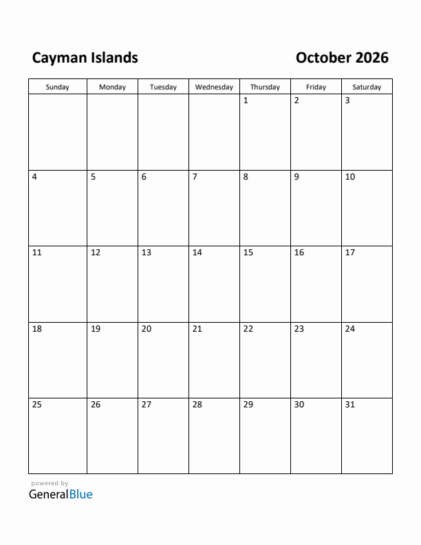 October 2026 Calendar with Cayman Islands Holidays