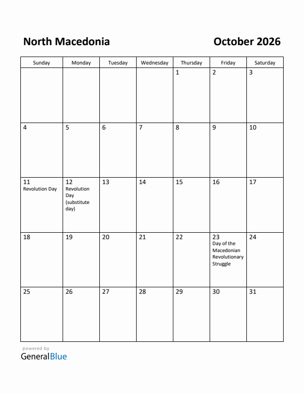 October 2026 Calendar with North Macedonia Holidays