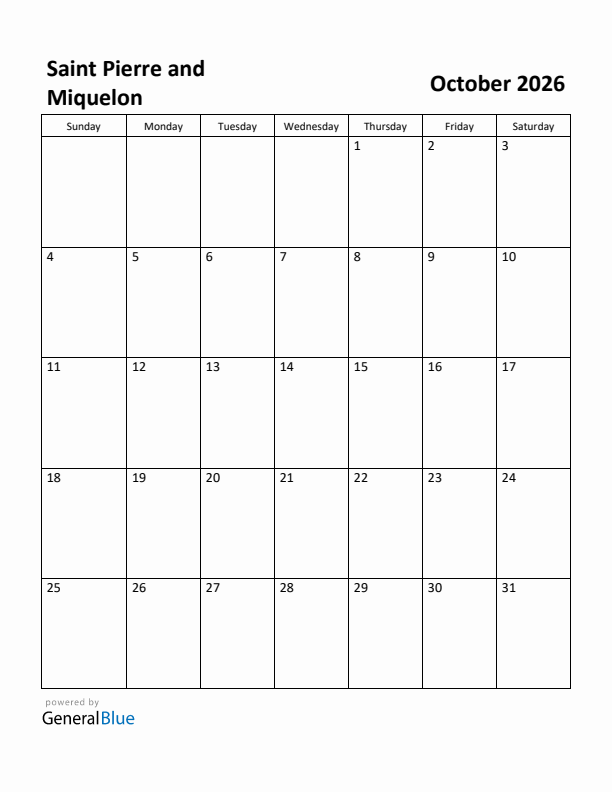 October 2026 Calendar with Saint Pierre and Miquelon Holidays