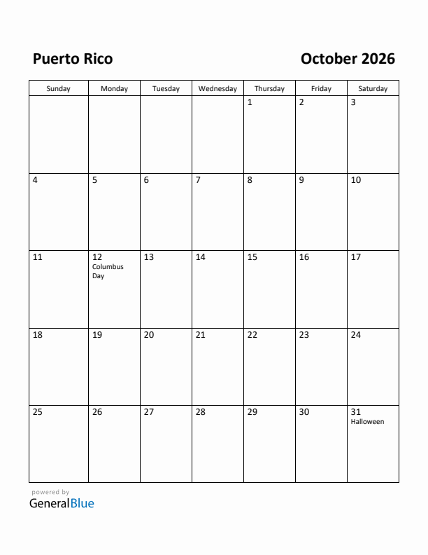 October 2026 Calendar with Puerto Rico Holidays