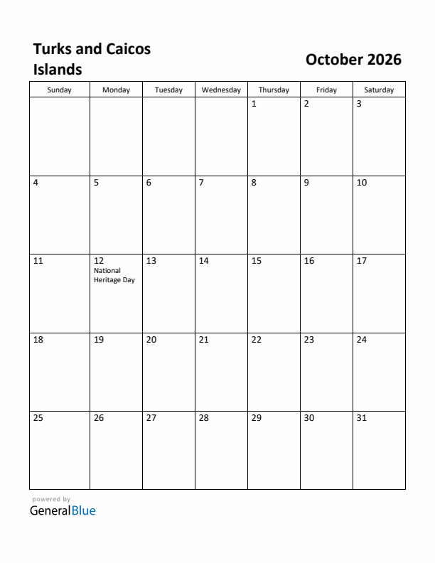 October 2026 Calendar with Turks and Caicos Islands Holidays