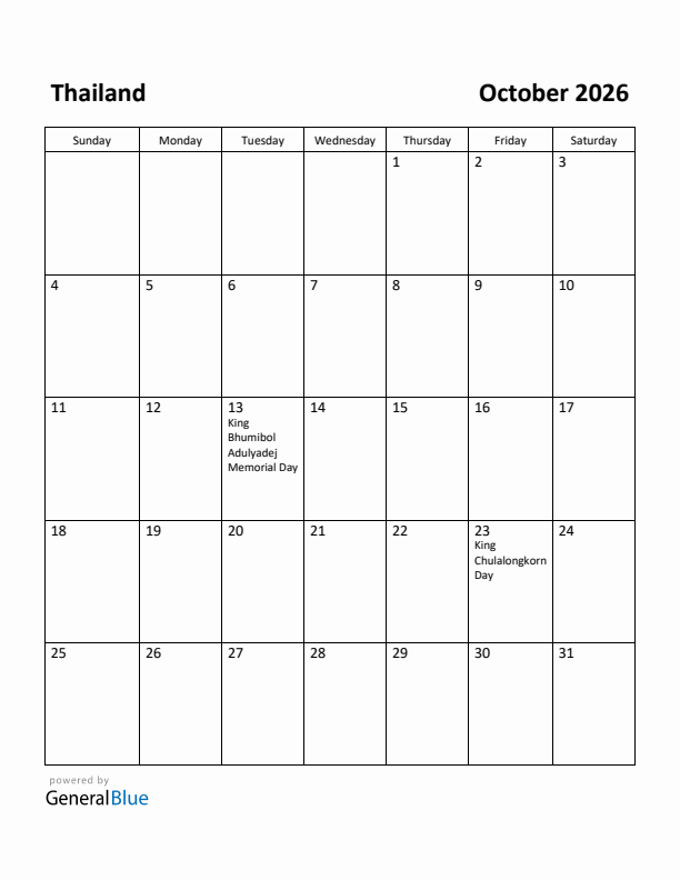October 2026 Calendar with Thailand Holidays