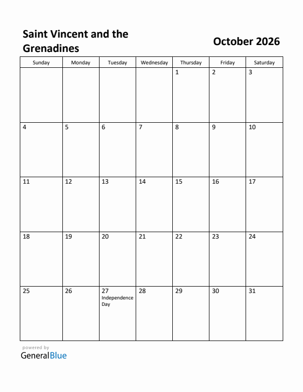 October 2026 Calendar with Saint Vincent and the Grenadines Holidays