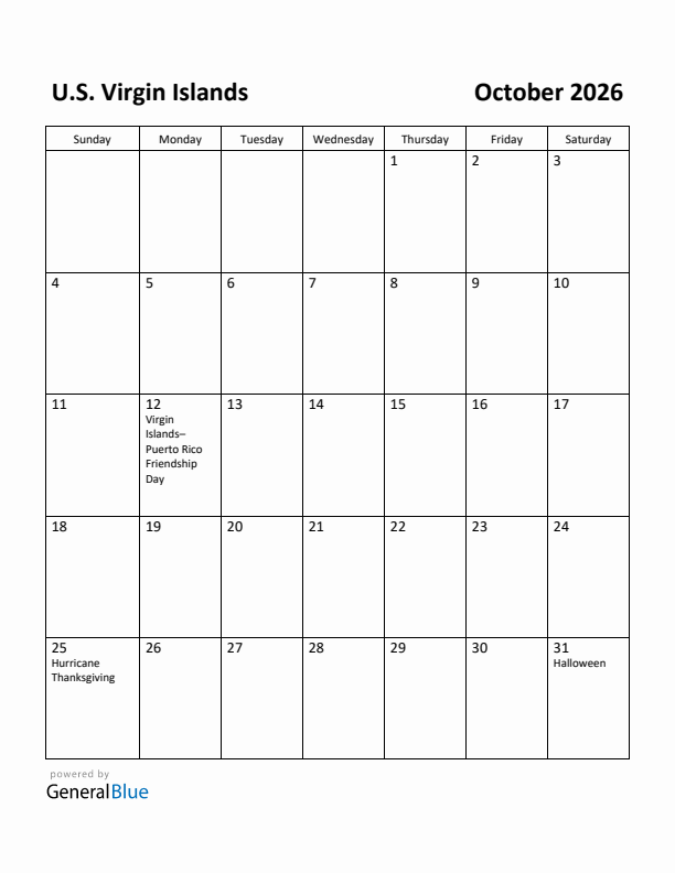 October 2026 Calendar with U.S. Virgin Islands Holidays