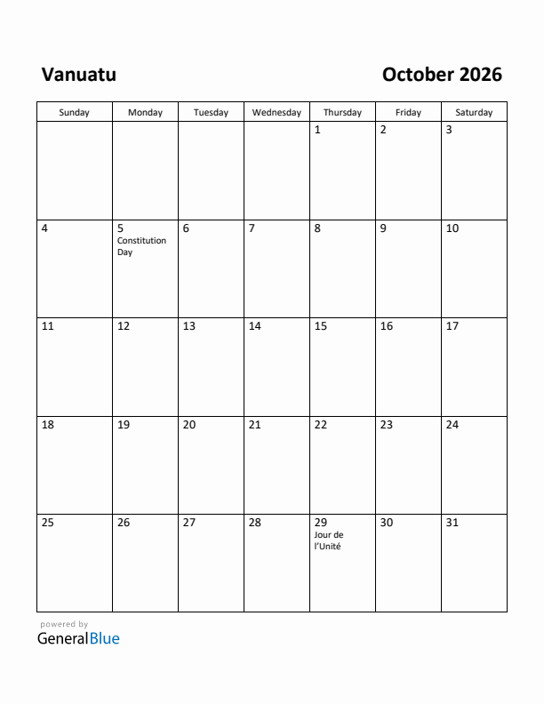 October 2026 Calendar with Vanuatu Holidays