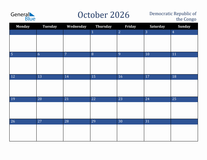 October 2026 Democratic Republic of the Congo Calendar (Monday Start)