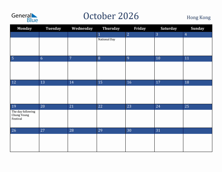 October 2026 Hong Kong Calendar (Monday Start)