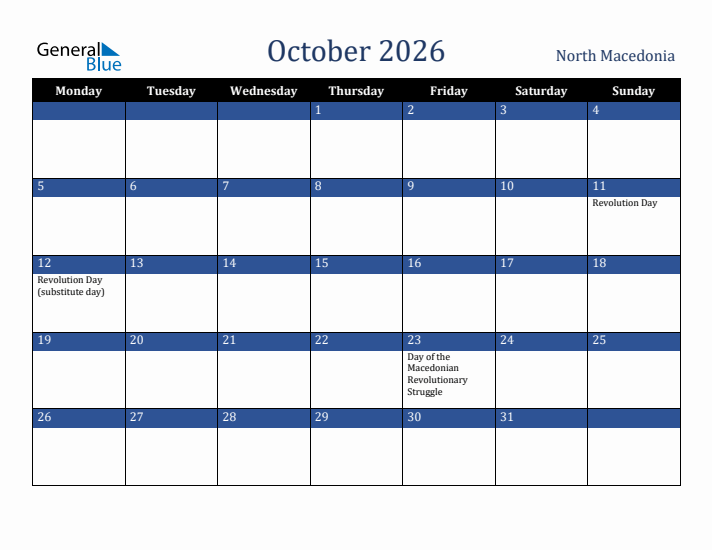 October 2026 North Macedonia Calendar (Monday Start)
