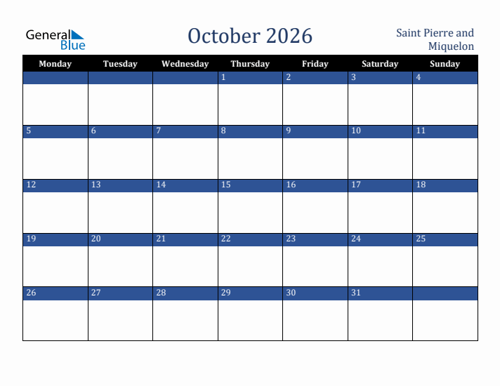 October 2026 Saint Pierre and Miquelon Calendar (Monday Start)