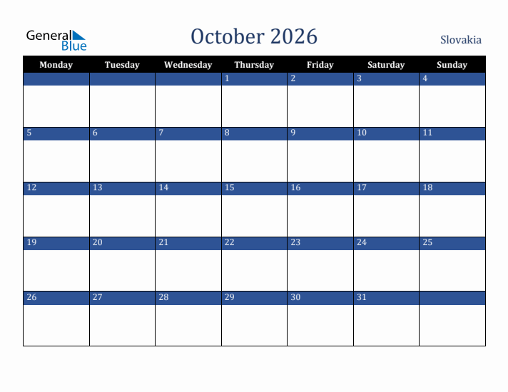 October 2026 Slovakia Calendar (Monday Start)