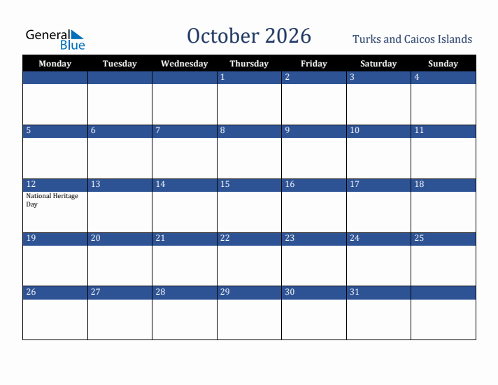 October 2026 Turks and Caicos Islands Calendar (Monday Start)