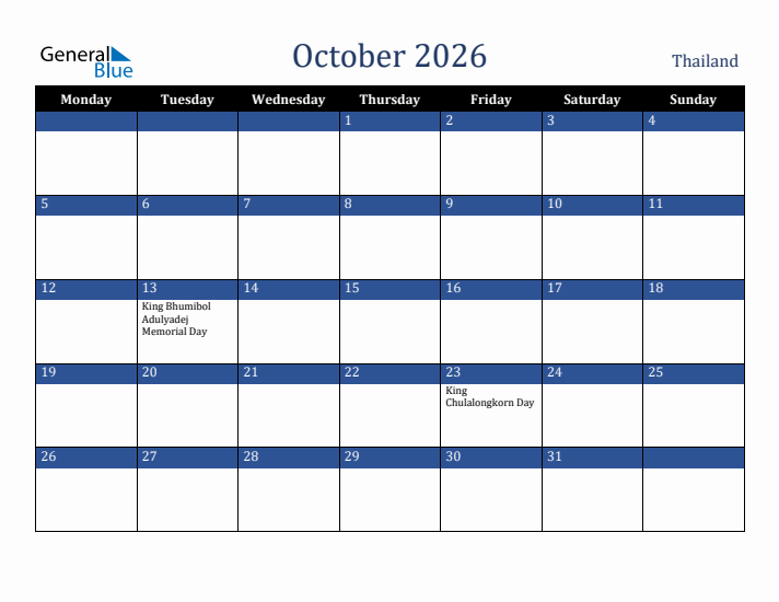 October 2026 Thailand Calendar (Monday Start)