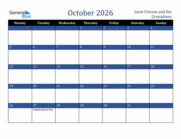 October 2026 Saint Vincent and the Grenadines Calendar (Monday Start)