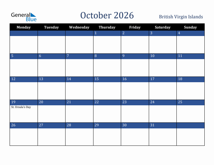 October 2026 British Virgin Islands Calendar (Monday Start)
