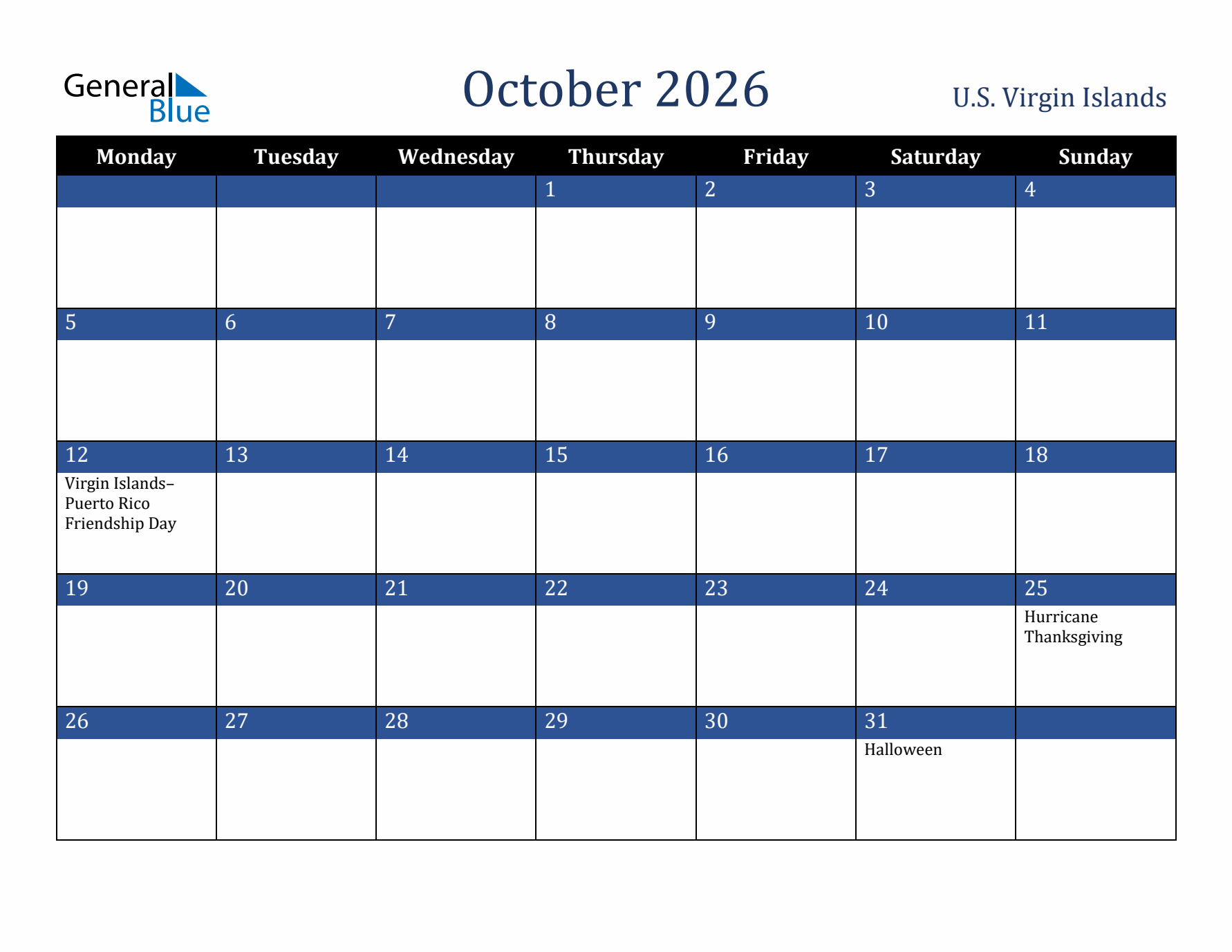 October 2026 U.S. Virgin Islands Calendar (Monday Start)