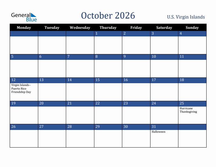 October 2026 U.S. Virgin Islands Calendar (Monday Start)
