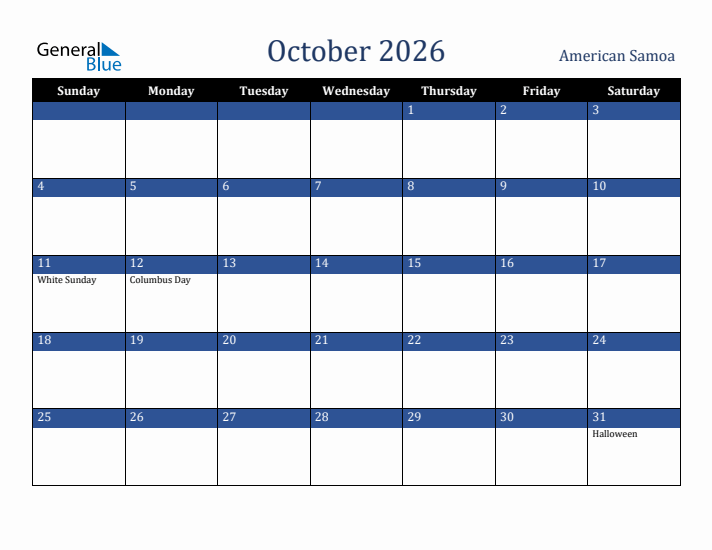 October 2026 American Samoa Calendar (Sunday Start)