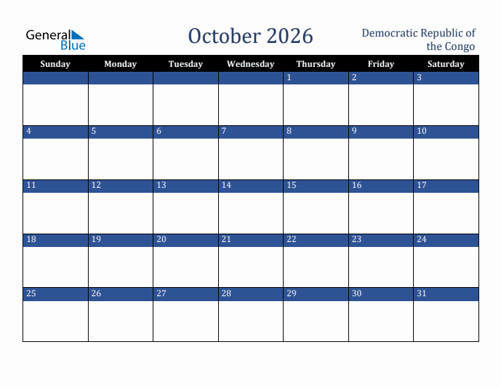 October 2026 Democratic Republic of the Congo Calendar (Sunday Start)
