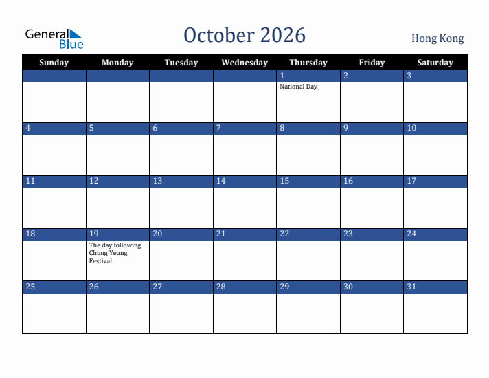 October 2026 Hong Kong Calendar (Sunday Start)