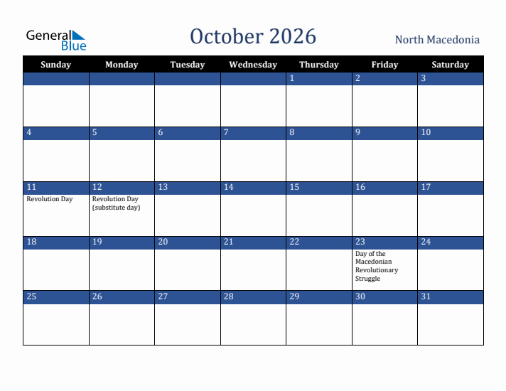 October 2026 North Macedonia Calendar (Sunday Start)
