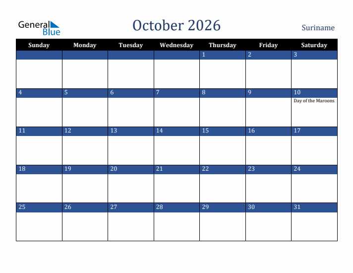October 2026 Suriname Calendar (Sunday Start)