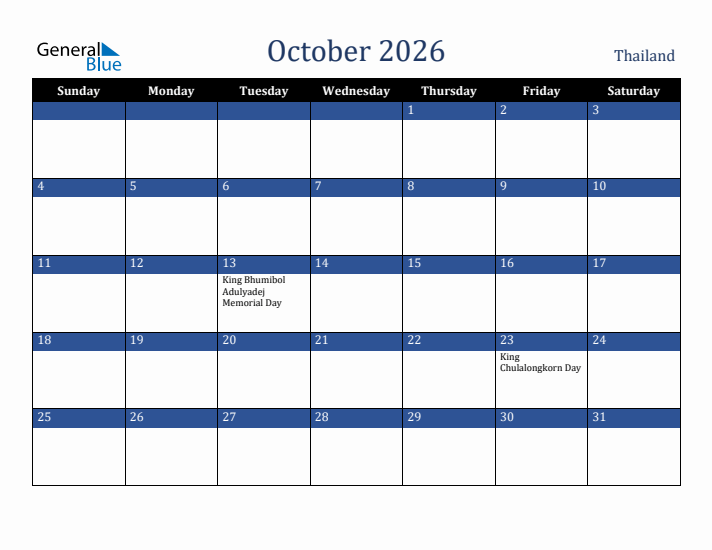 October 2026 Thailand Calendar (Sunday Start)