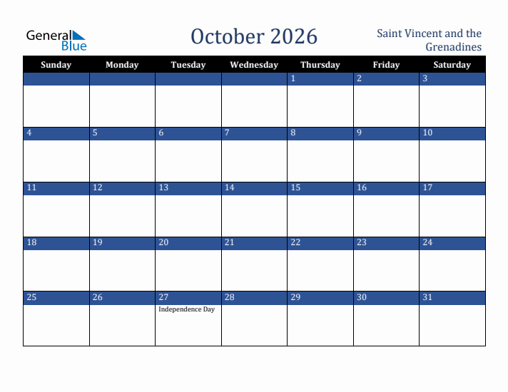 October 2026 Saint Vincent and the Grenadines Calendar (Sunday Start)