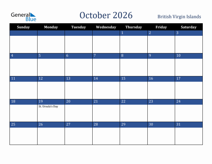 October 2026 British Virgin Islands Calendar (Sunday Start)