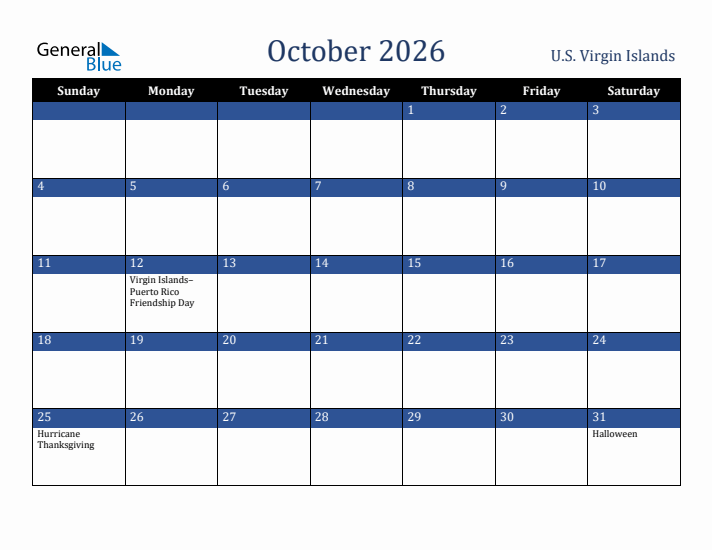 October 2026 U.S. Virgin Islands Calendar (Sunday Start)