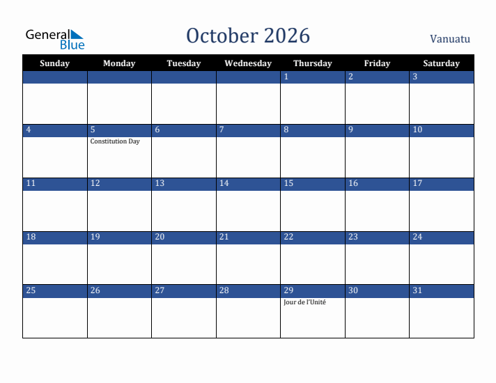 October 2026 Vanuatu Calendar (Sunday Start)