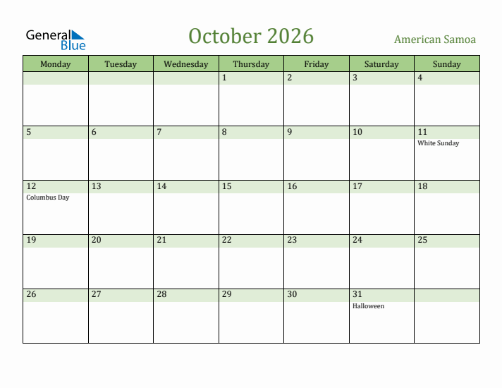 October 2026 Calendar with American Samoa Holidays