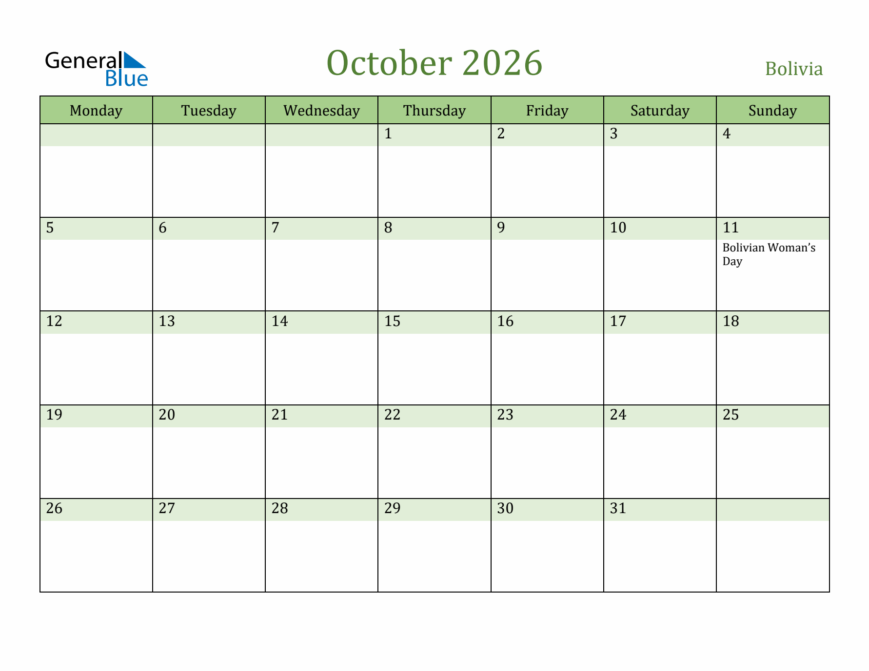 October 2026 Calendar with Bolivia Holidays