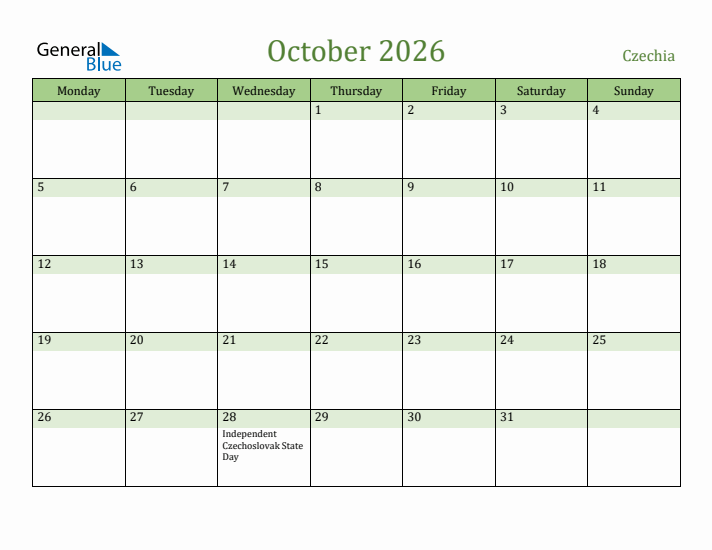 October 2026 Calendar with Czechia Holidays