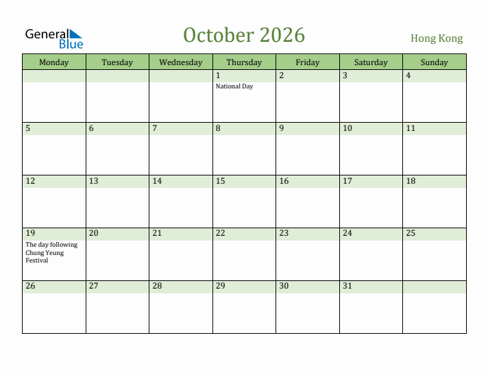October 2026 Calendar with Hong Kong Holidays