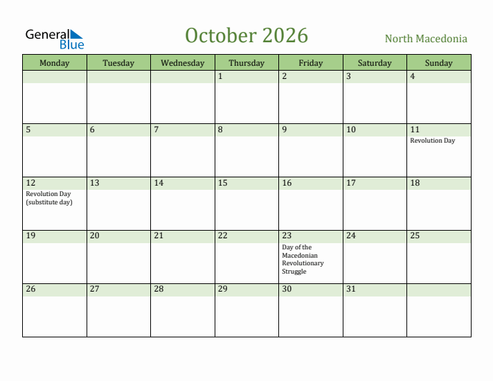 October 2026 Calendar with North Macedonia Holidays