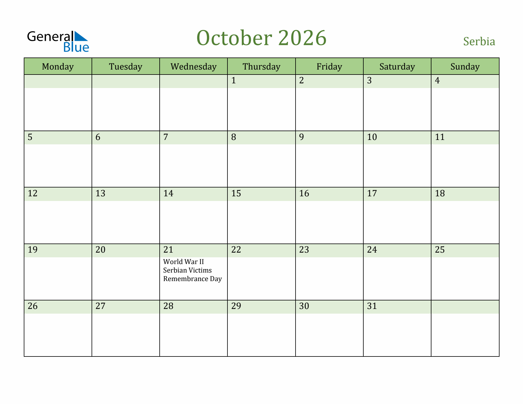 October 2026 Calendar with Serbia Holidays