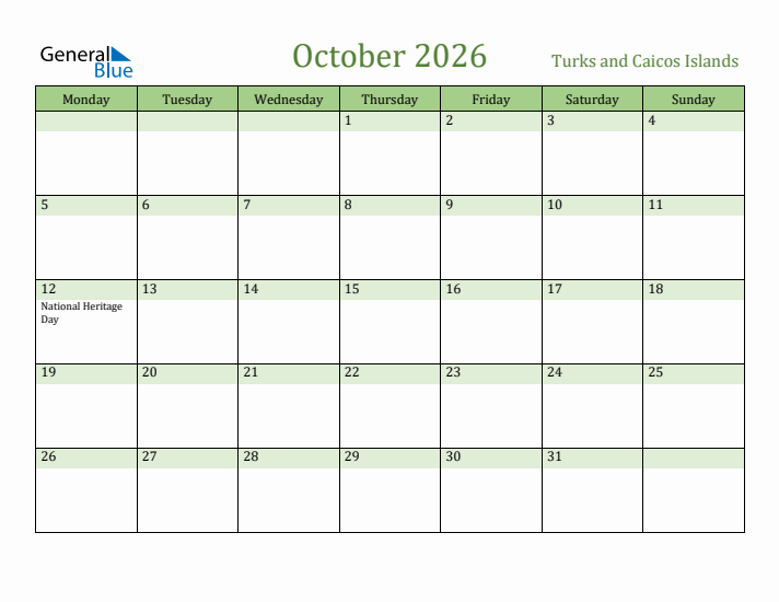 October 2026 Calendar with Turks and Caicos Islands Holidays