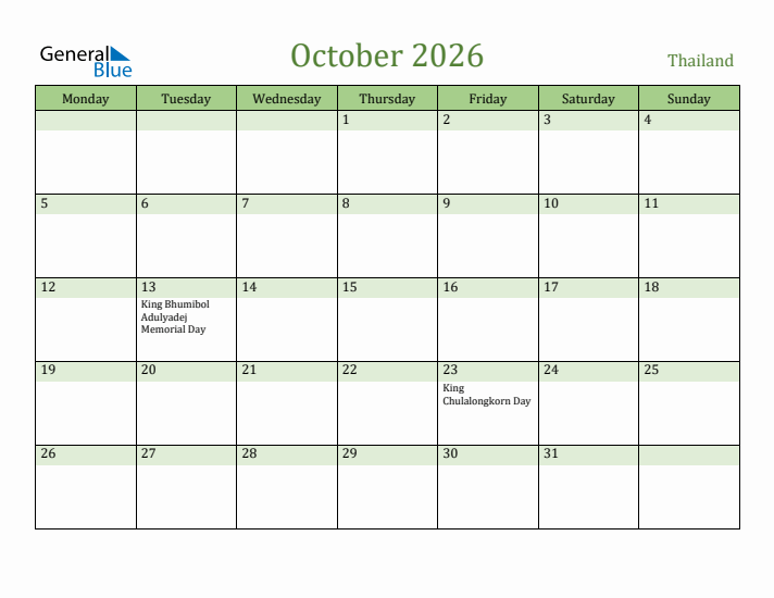 October 2026 Calendar with Thailand Holidays