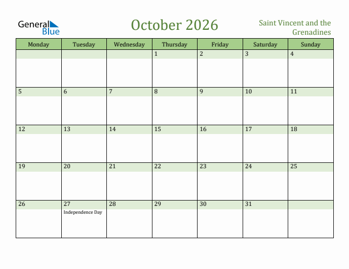 October 2026 Calendar with Saint Vincent and the Grenadines Holidays