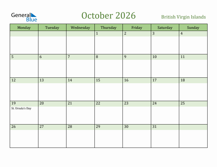 October 2026 Calendar with British Virgin Islands Holidays
