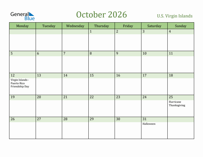 October 2026 Calendar with U.S. Virgin Islands Holidays