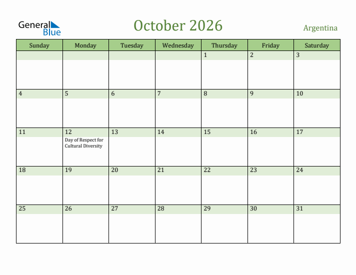 October 2026 Calendar with Argentina Holidays