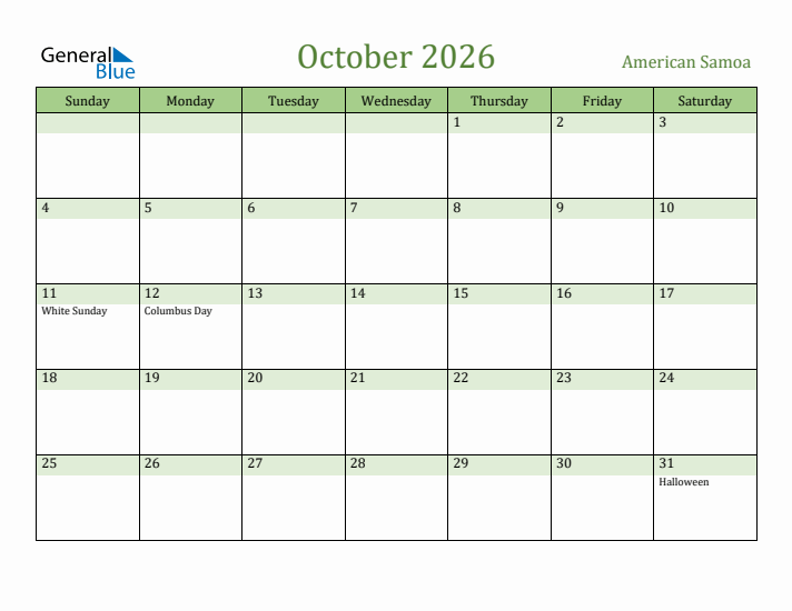 October 2026 Calendar with American Samoa Holidays