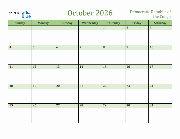 October 2026 Calendar with Democratic Republic of the Congo Holidays