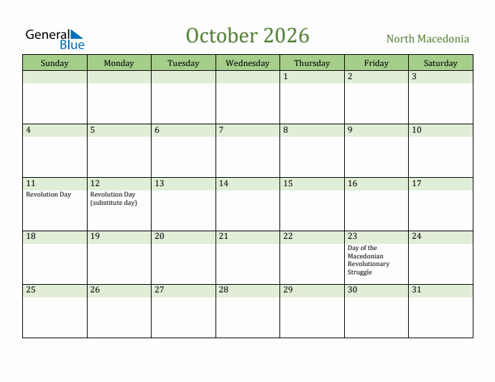 October 2026 Calendar with North Macedonia Holidays