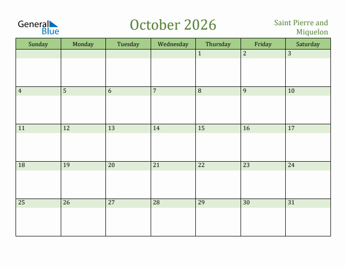 October 2026 Calendar with Saint Pierre and Miquelon Holidays