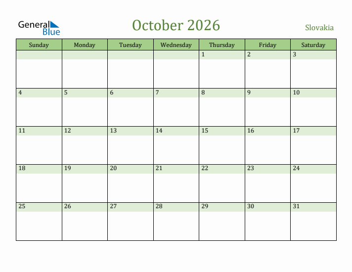 October 2026 Calendar with Slovakia Holidays