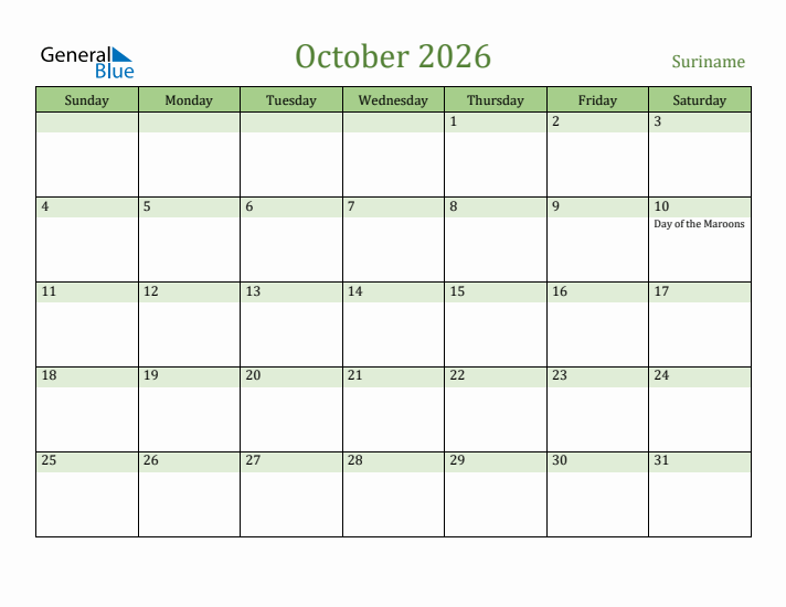 October 2026 Calendar with Suriname Holidays